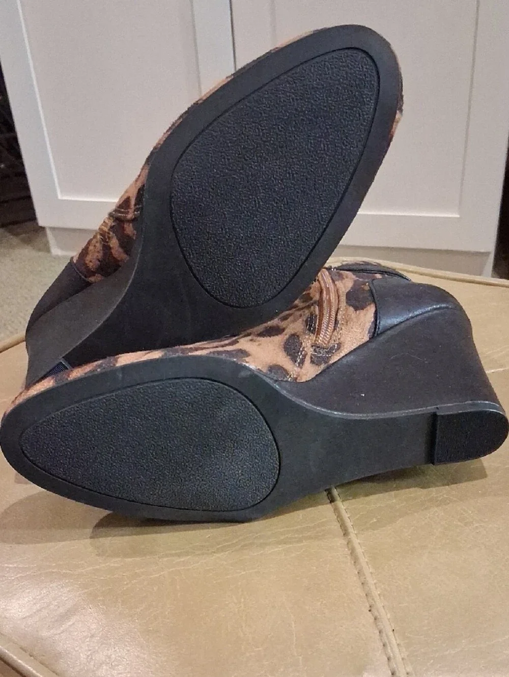 Jaclyn Smith Leopard Print Wedge Ankle Boots with Buckle Straps